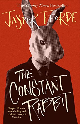 Book cover: a rabbit’s head on a man in a suit, red background.