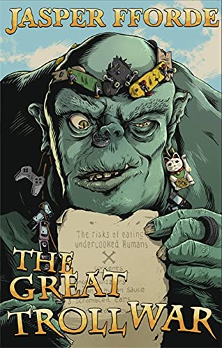Book cover: green troll with gadgets, holding a sign, illustrated style.
