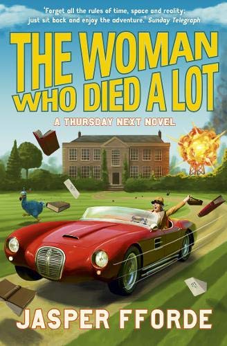 Book cover: red car, woman driving, exploding text, large house background.