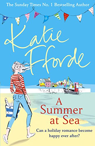 Book cover: woman on beach, coastal town, colorful bunting, title "A Summer at Sea".