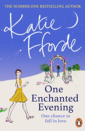 Book cover: woman in yellow, floral arch, blue background, title “One Enchanted Evening”.