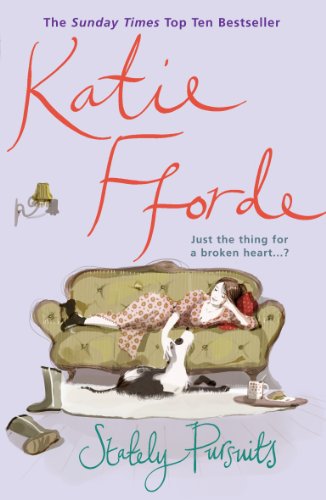 Book cover: woman lounging on a couch with a dog, titled "Stately Pursuits".