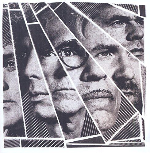 Black and white fragmented portrait of four men with glasses.