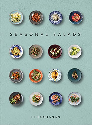 Book cover: grid of colorful salads, title “Seasonal Salads” by Fi Buchanan.