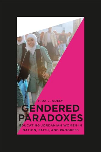 Book cover featuring a woman in hijab walking with others, pink background.
