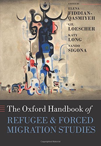 Book cover: "The Oxford Handbook of Refugee & Forced Migration Studies" with abstract art.