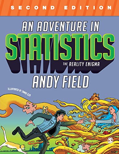 Book cover: "An Adventure in Statistics" with illustrated characters running.