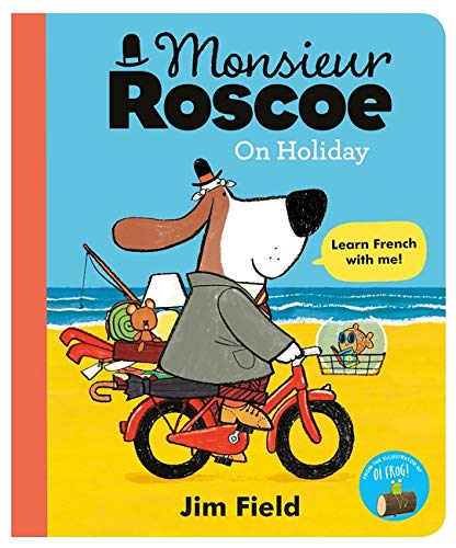 Dog in a hat rides a red bicycle on a beach.