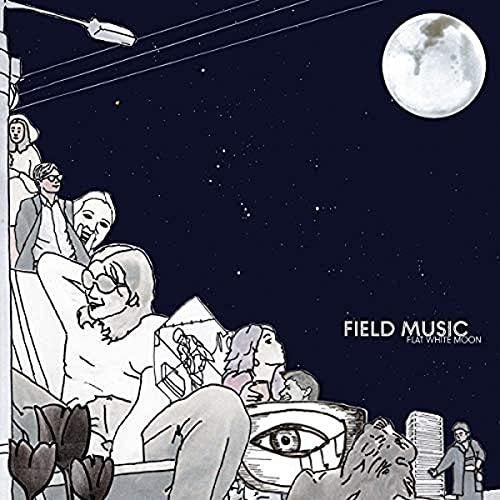 Line art illustration of people under a full moon against a dark starry sky.