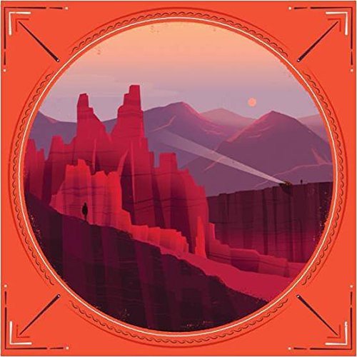 The image depicts a vinyl record cover featuring a desert landscape in shades of red and orange.