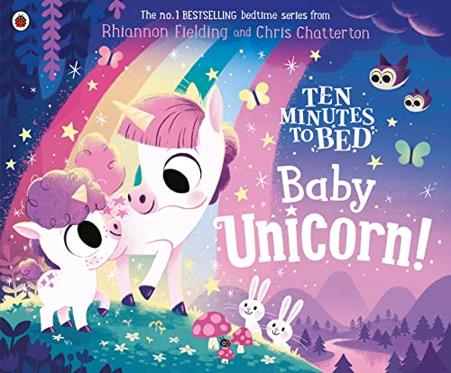 Book cover: baby unicorn and sheep under a rainbow, bedtime story.