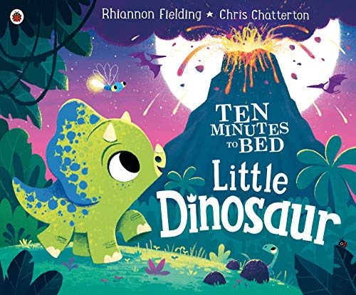 Book cover: a green dinosaur near a volcano, bedtime story theme.