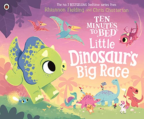 Children's book cover featuring colorful cartoon dinosaurs racing through a prehistoric landscape.
