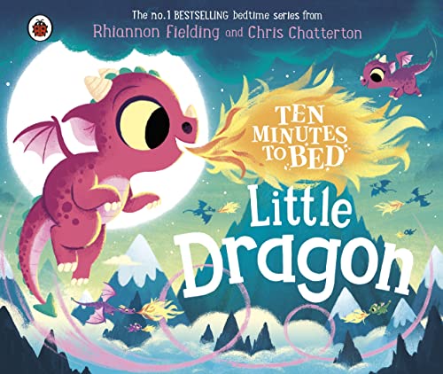 Pink dragon breathing fire on a book cover with mountains.