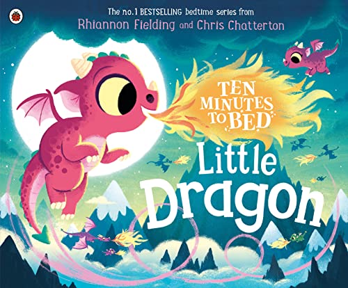 Pink baby dragon breathing fire under a full moon and mountains.