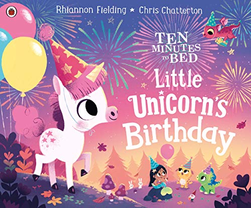 "Children's book cover featuring a cartoon unicorn with party decorations and fireworks in the background."