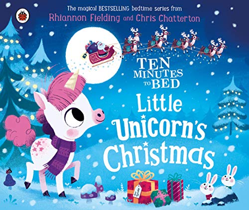 Book cover: Little Unicorn’s Christmas with Santa and reindeer flying above.