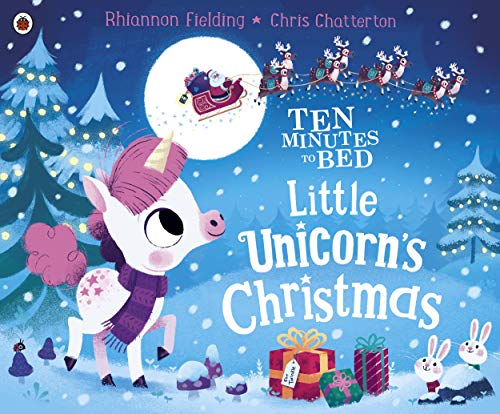 Book cover: unicorn, Santa’s sleigh, and Christmas presents in snow.
