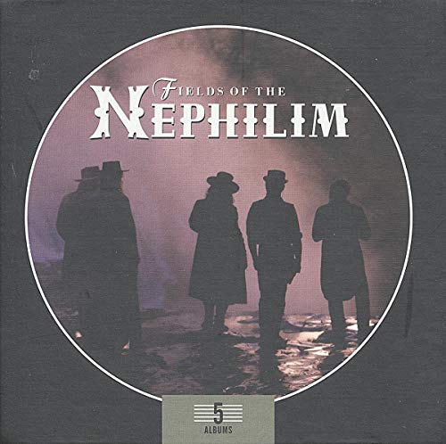 Five silhouetted figures in hats stand in fog on a Fields of the Nephilim boxset.
