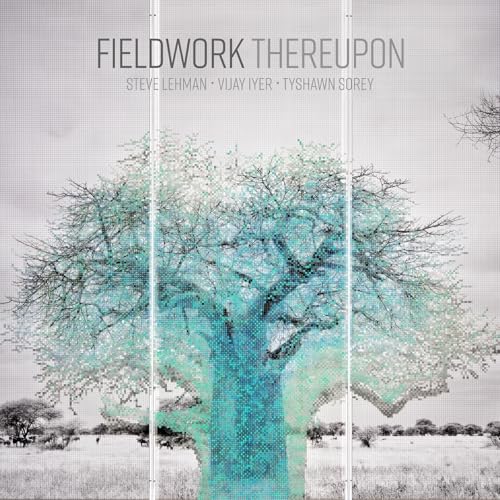 A pixelated blue tree stands in a grayscale landscape under the text Fieldwork Thereupon.