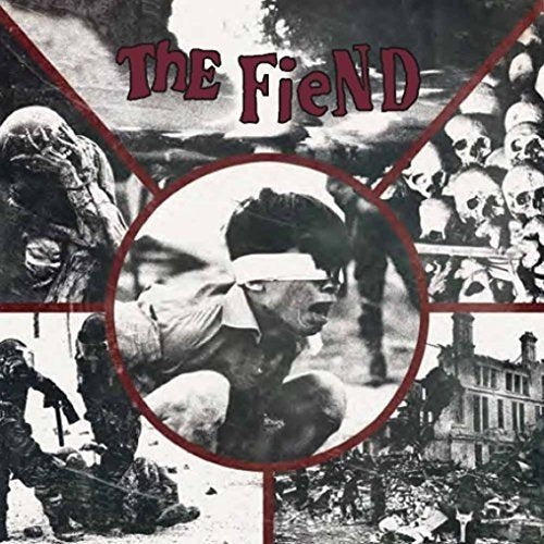 "Album cover with collage of black and white war images and red text."