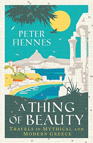 Book cover illustration showing a Greek coastal town, ancient ruins, and a yellow sun.