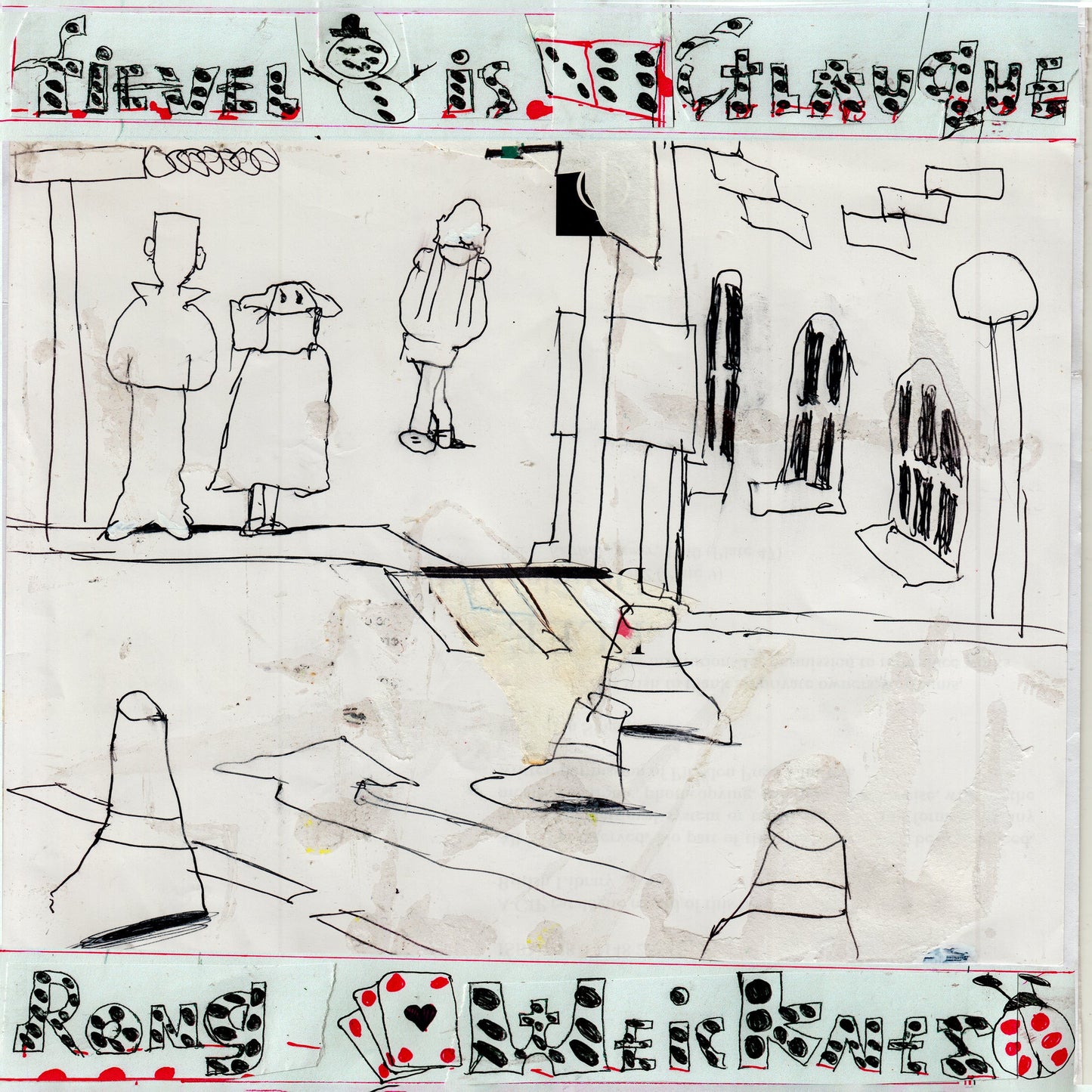 Hand-drawn CD cover with figures, buildings, and text in black ink.