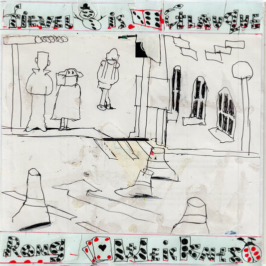 Hand-drawn CD cover with figures, buildings, and text in black ink.