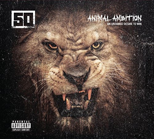 Album cover for Fifty Cent’s “Animal Ambition” featuring a lion’s face.