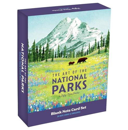 Boxed note card set featuring a mountain landscape, pine trees, and bears in wildflowers.