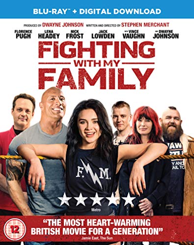 Fighting With My Family" Blu-ray cover featuring a group portrait of wrestlers.