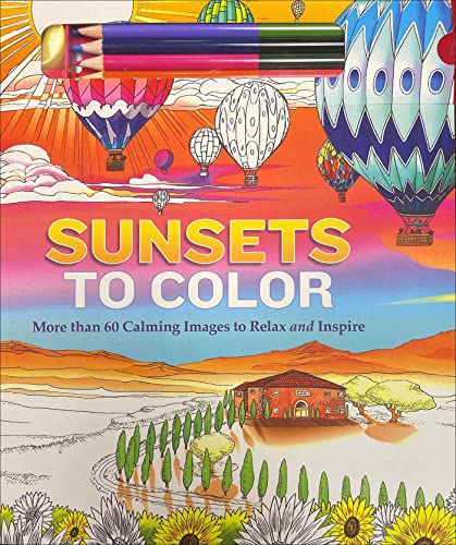 Coloring book cover with hot air balloons, a landscape, and title text.
