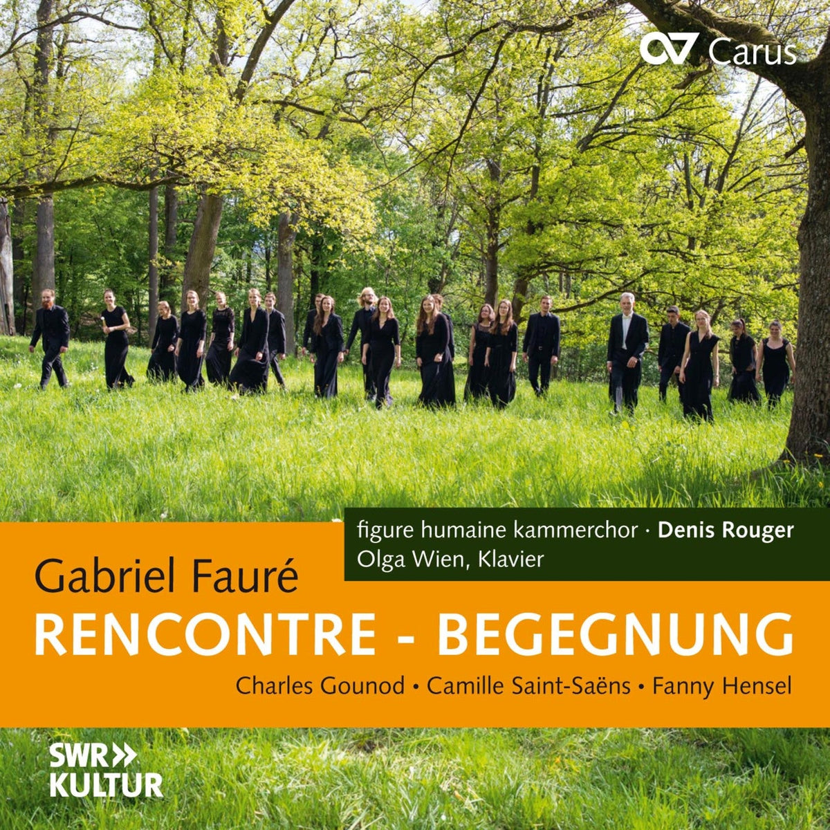 CD cover: choral group standing in a sunlit forest clearing.