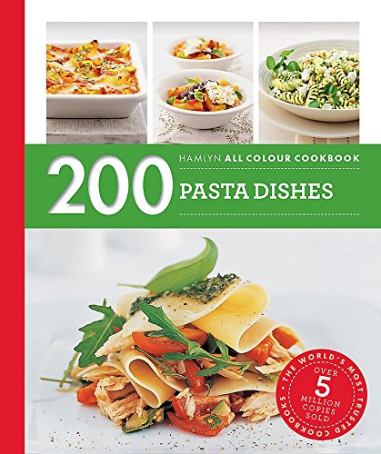 "Cookbook cover featuring various pasta dishes, a red stripe, and a green banner."