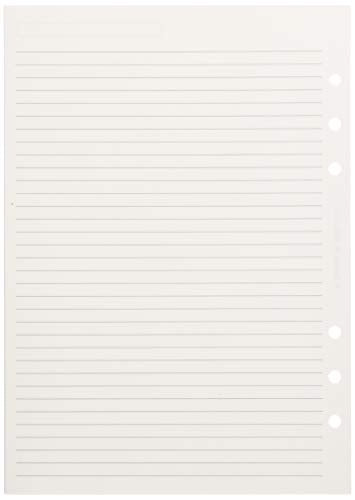 White A5 notepaper with ruled lines and six punched holes.