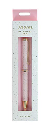 Rose quartz Filofax ballpoint pen in packaging, with gold accents.