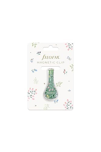Floral magnetic clip on white card, Filofax branding visible.