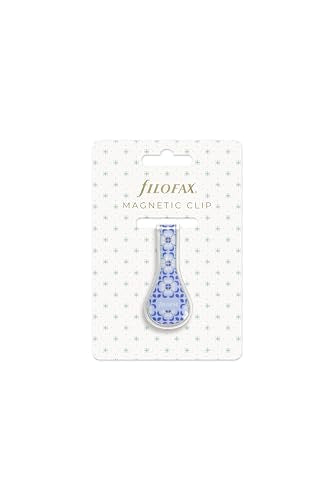 Filofax magnetic clip with a blue and white Mediterranean tile pattern on display card.