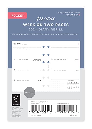 White Filofax Pocket diary refill, week-on-two-pages layout for 2024.