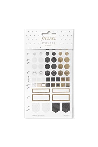 Filofax sticker sheet with gold, black, and white geometric designs.