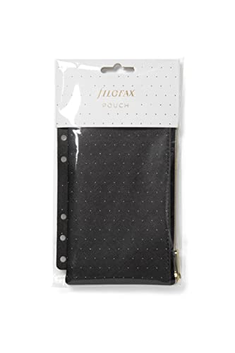 Black zippered pouch with gold accents, packaged and ready to hang.