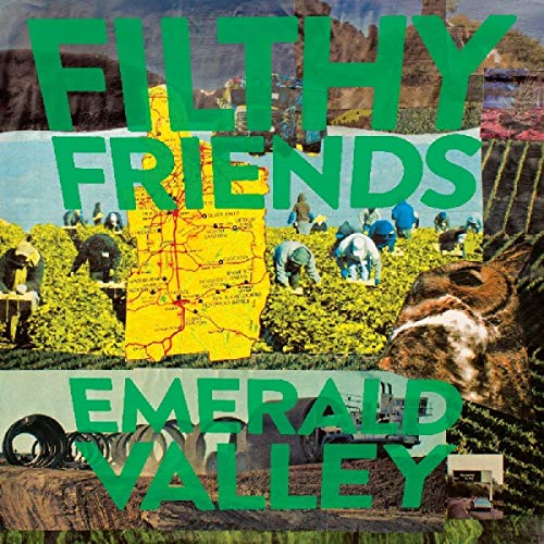 "Album cover with green text 'Filthy Friends - Emerald Valley' over a collage of farm scenes."