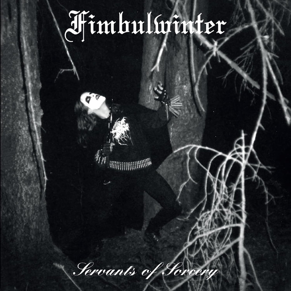 Black and white album cover featuring a figure with outstretched hands in a forest.