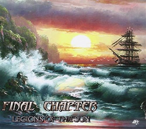 CD cover: ship sailing towards a bright sunset on stormy seas.