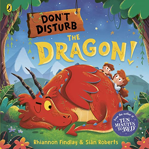 Children's book cover featuring a sleeping red dragon and two curious children.