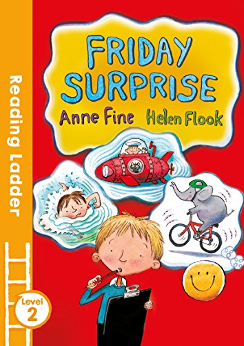 Book cover: "Friday Surprise" with a boy, submarine, and elephant illustrations.