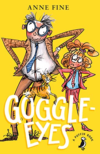 Book cover illustration of a man with large glasses, a girl, and a cat.
