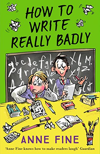 Book cover: "How to Write Really Badly" with cartoon illustration of students.