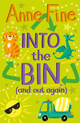 Book cover with a cat, dragon, bin, sun, and cement mixer.