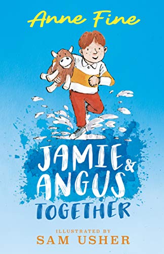 Book cover: boy with toy cow running, blue background, title “Jamie & Angus Together”.